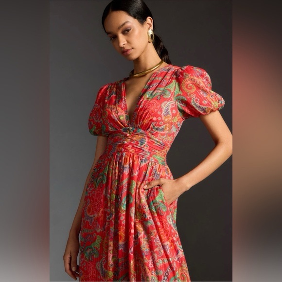 Anthropologie The Katerina Lurex Button Front Dress Size 6 V-neck Midi Dress
